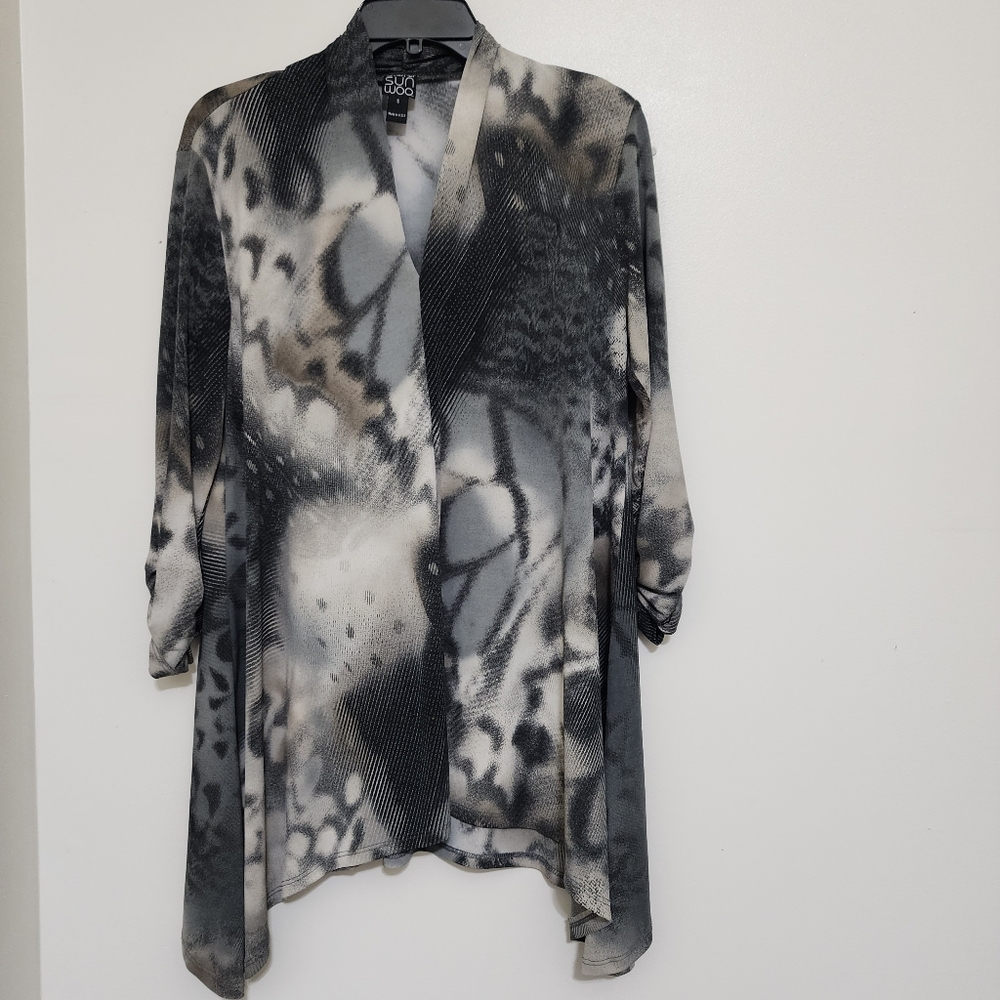 CLARA‎ SUN WOO V Neck Watercolor Abstract Assymetric Tunic 3/4 Sleeve  Small